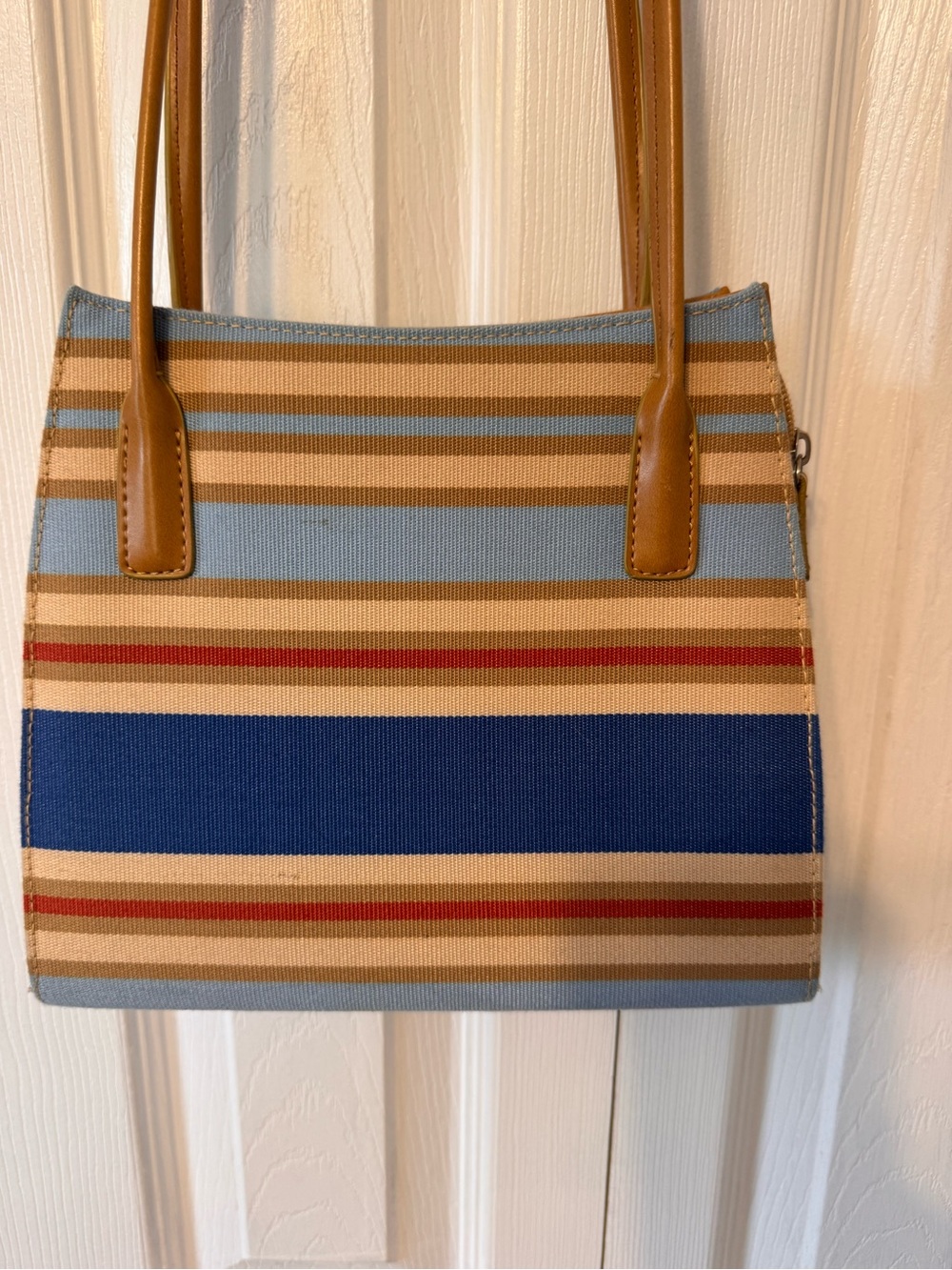 Striped Small Canvas Shoulder Bag Blue Tan Rust Minor Wear Faux Leather Strap - Picture 6 of 16